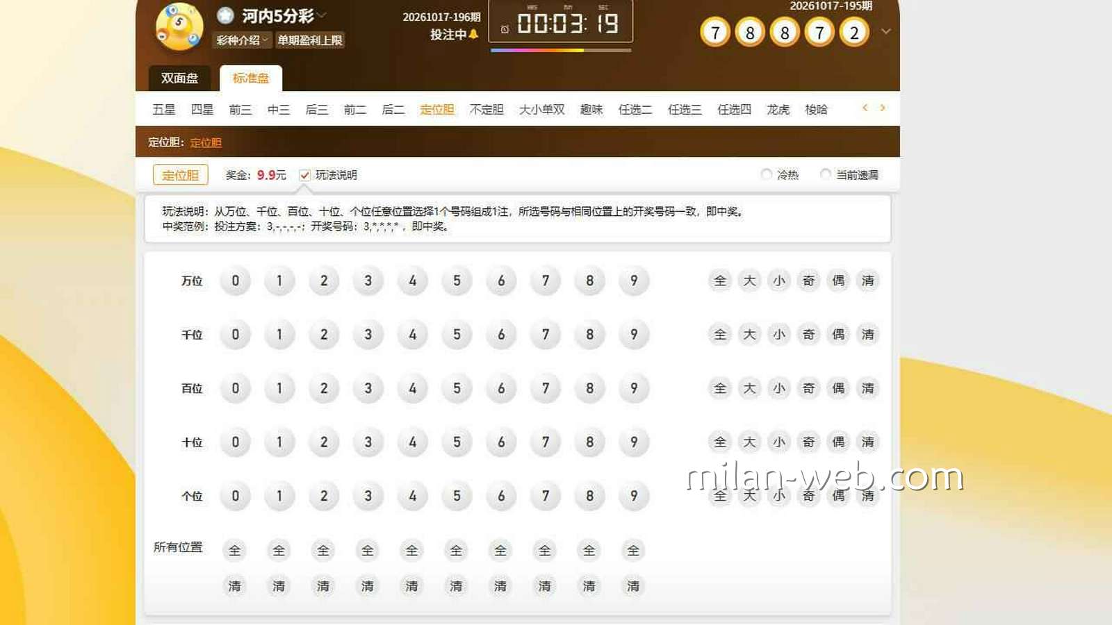 米兰体育《河内五分彩》定位胆玩法规则详解